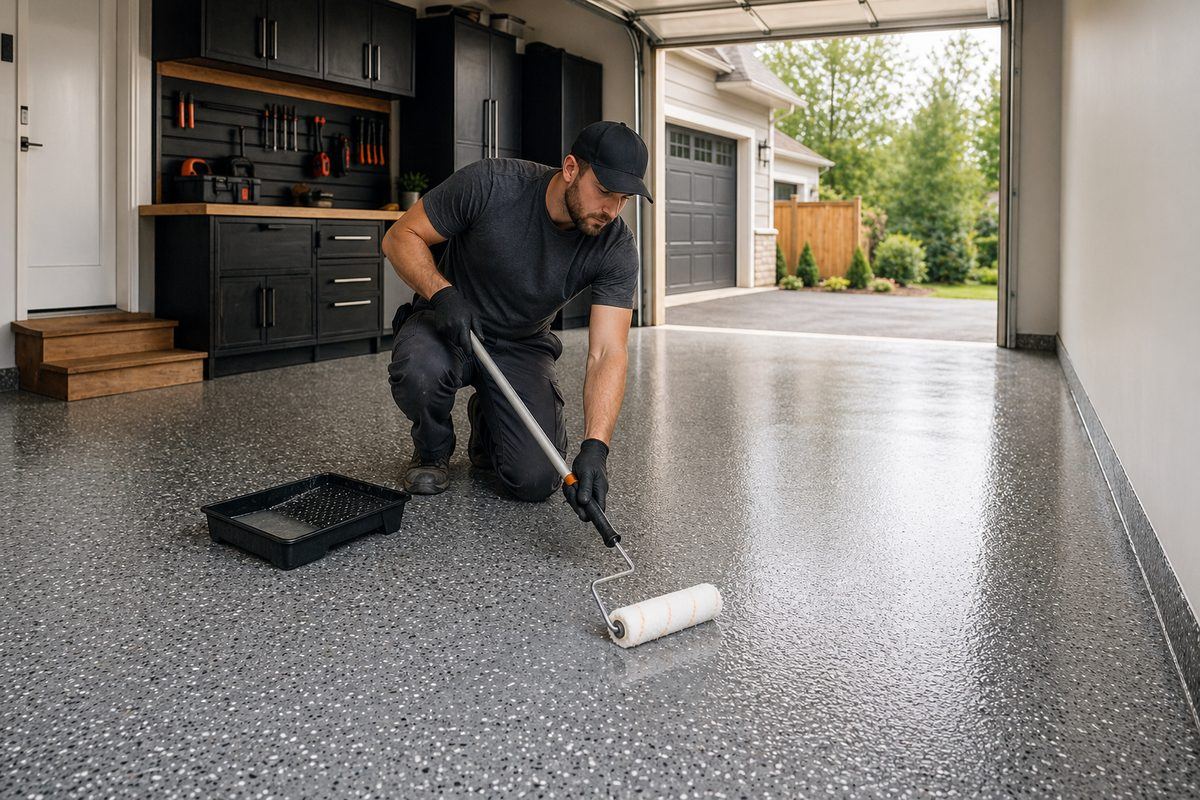 Application d'une couche de finition sur un plancher époxy de garage