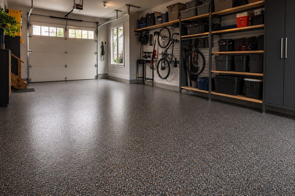Système époxy flocons installé dans un garage résidentiel
